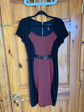 Frank Lyman Design Black Dress with Red Patterned Front Panel and Belt